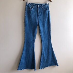 ✨$7 CLEAR-OUT✨ Shein Y2K Style High Waist Raw Hem Flare Pearl Studded Jeans Blue